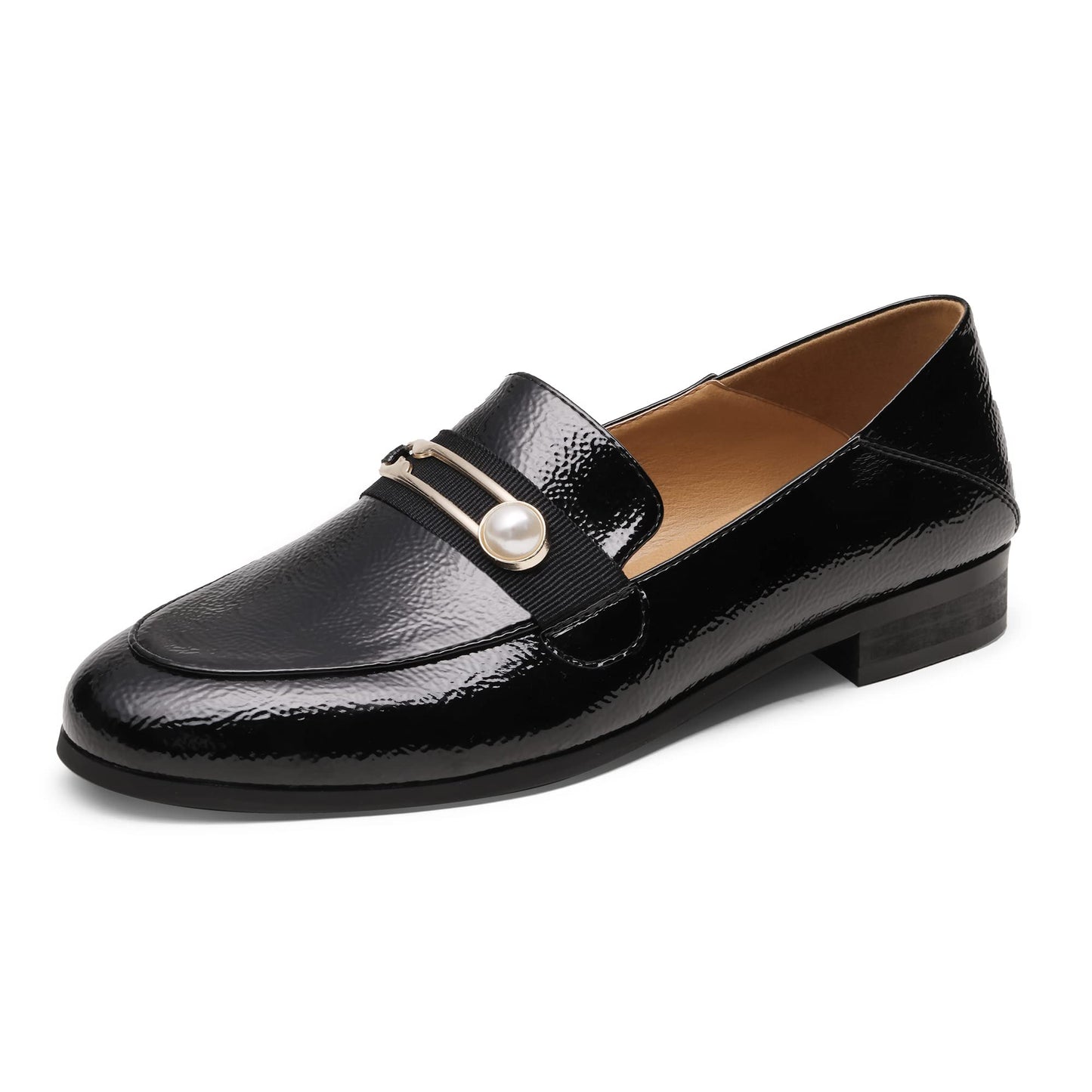 Womens Loafers Slip On Comfortable Round Toe Casual Fashion Flats Driving Shoes, Black/Patent/Leather